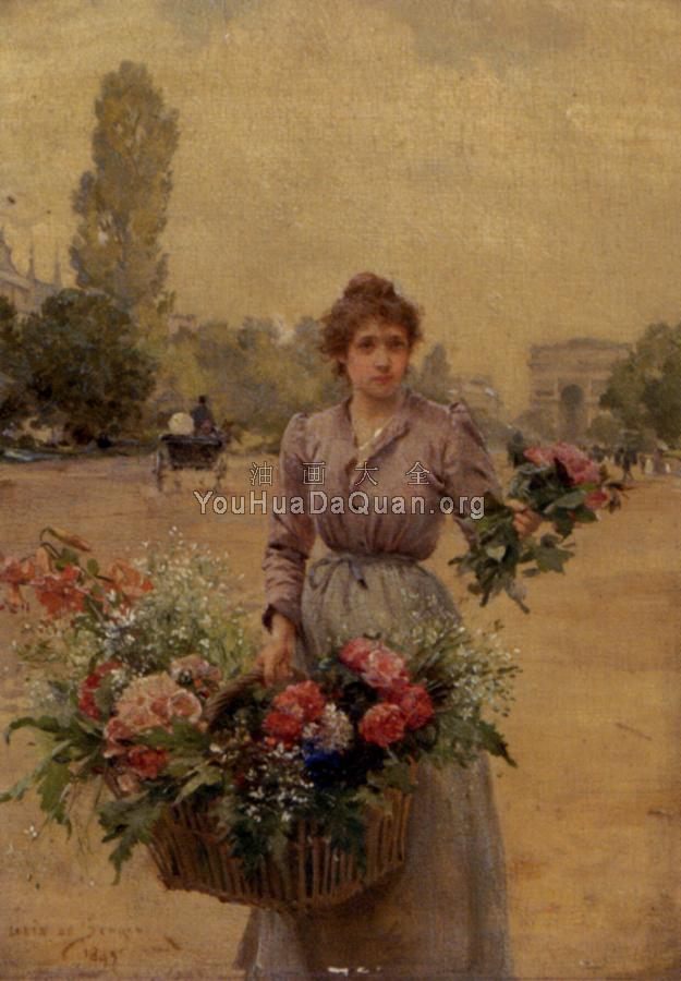 A Flower Seller Near The Arc De Triomphe - 路易斯·玛丽·德·施莱佛